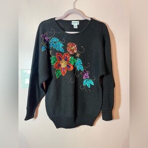 Victoria Jones Woman Black Sweater with Colorful Floral Design